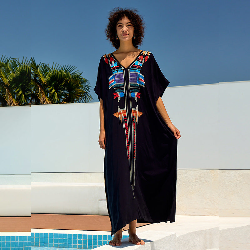 Rayon Embroidered Loose Maxi Dress Beach Jacket Vacation Maxi Dress Beach Cover Up Bella Mia