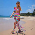 Women Clothing Sexy Hand Crocheted Wavy Tassel Beach Cover Up Skirt Set Bella Mia