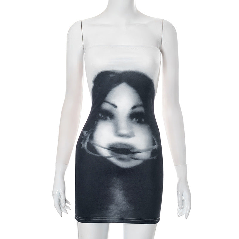 Women Clothing Summer Dark Face Printing Sleeveless Tube Top Slim Fit Sheath Dress Bella Mia