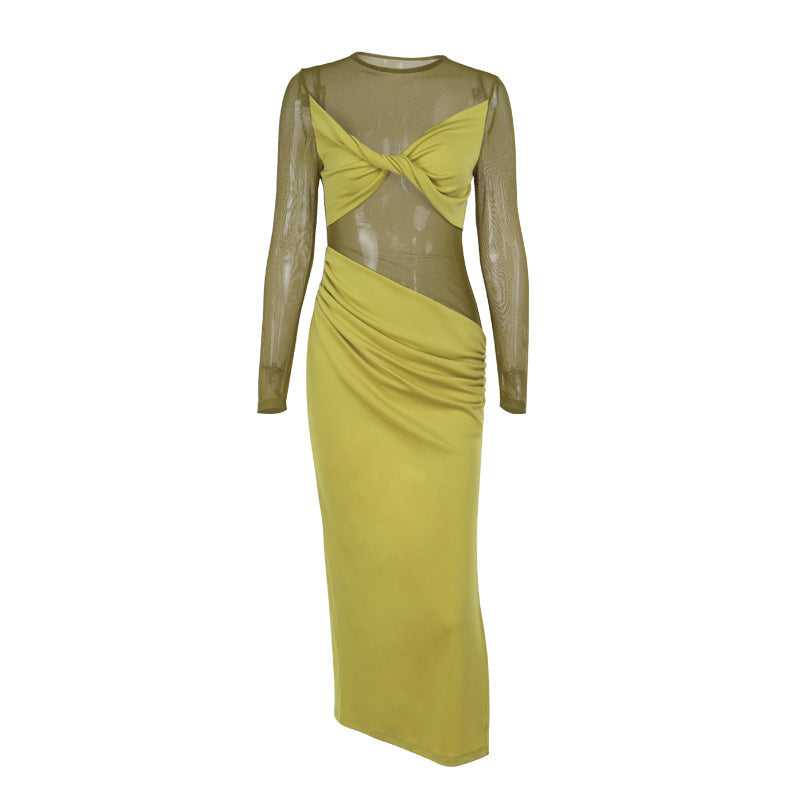 Mesh Stitching Sexy Sheer Long Sleeve Dress Women Maxi Dress Bella Mia