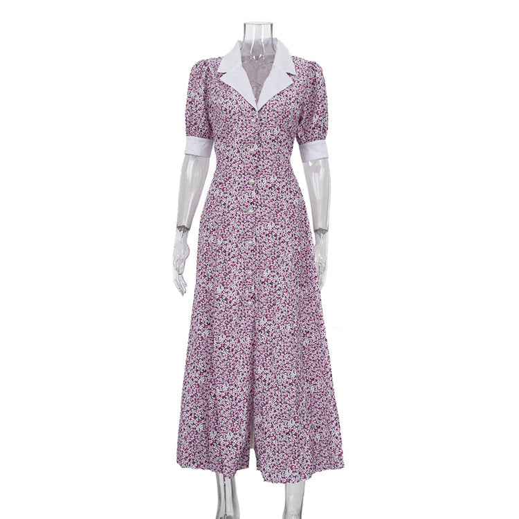 Elegant Floral Dress Summer Polo Collar Short Sleeve High Waist Print A line Dress for Women Bella Mia