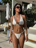 Women Split Solid Color Texture Pearl Lace up Sexy Bikini Swimsuit Bella Mia