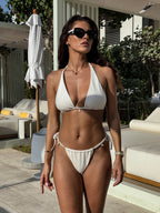 Women Split Solid Color Texture Pearl Lace up Sexy Bikini Swimsuit Bella Mia