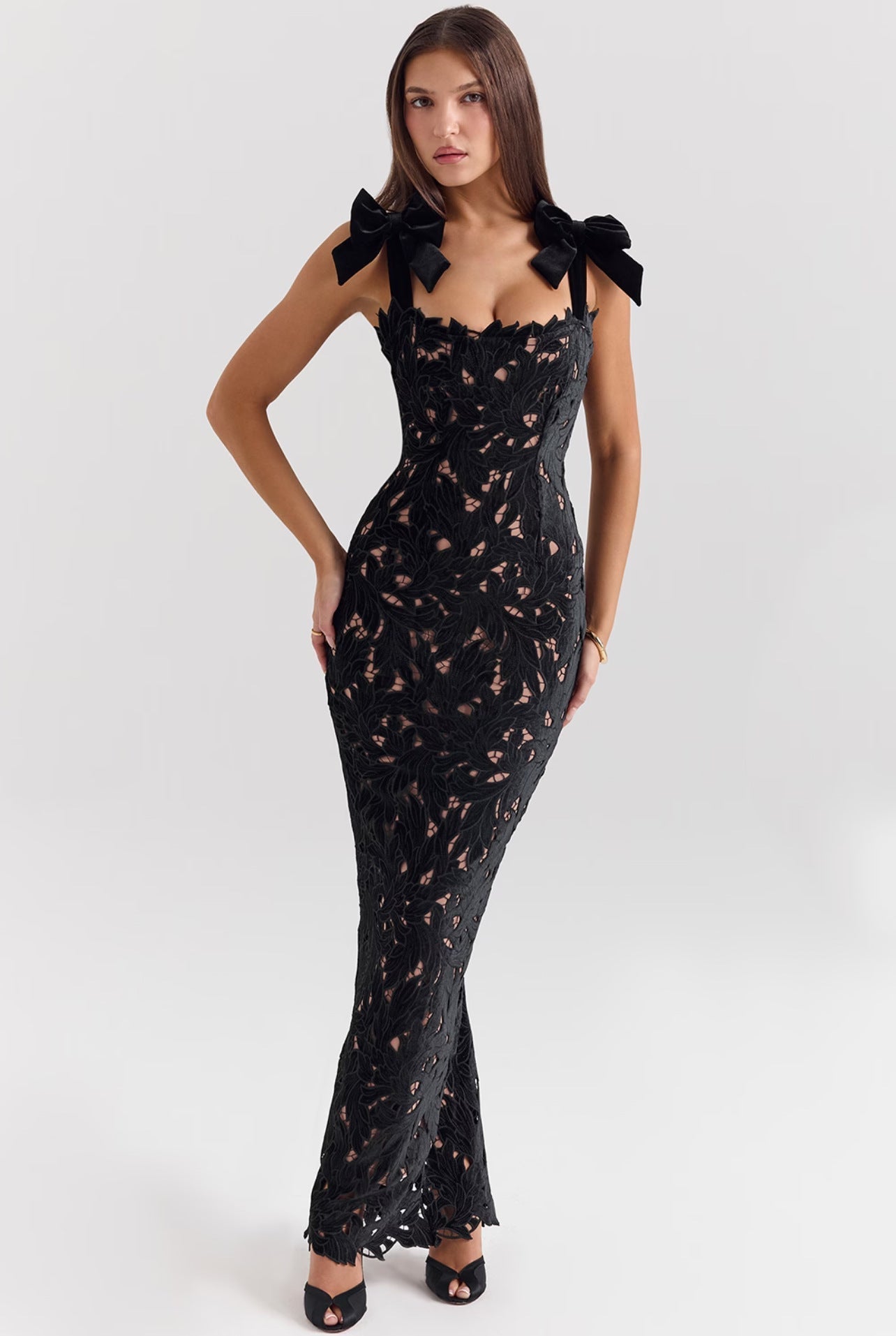 Spring Summer Entry Lux Bow High Sense Embroidered Hollow Out Cutout Sheath Dress Bella Mia