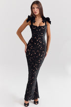 Spring Summer Entry Lux Bow High Sense Embroidered Hollow Out Cutout Sheath Dress Bella Mia