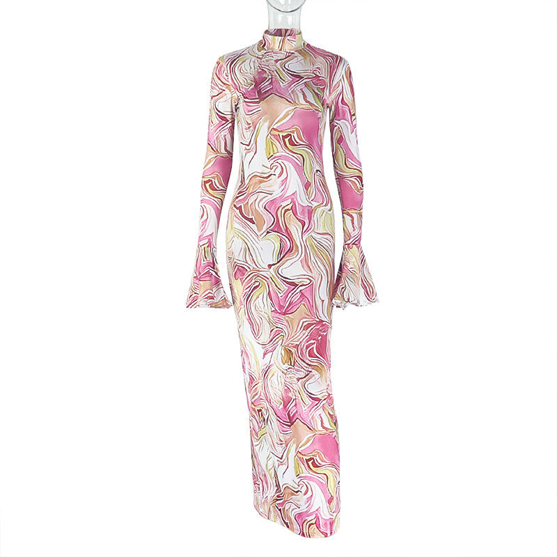 Slim Fit Slimming Women Printed Hip Home Comfortable Stand Collar Long Sleeve Length Dress Bella Mia