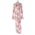 Slim Fit Slimming Women Printed Hip Home Comfortable Stand Collar Long Sleeve Length Dress Bella Mia