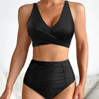Bikini Solid Color Wrinkle High Waist Sexy Bikini Split Swimsuit Swimwear Bella Mia