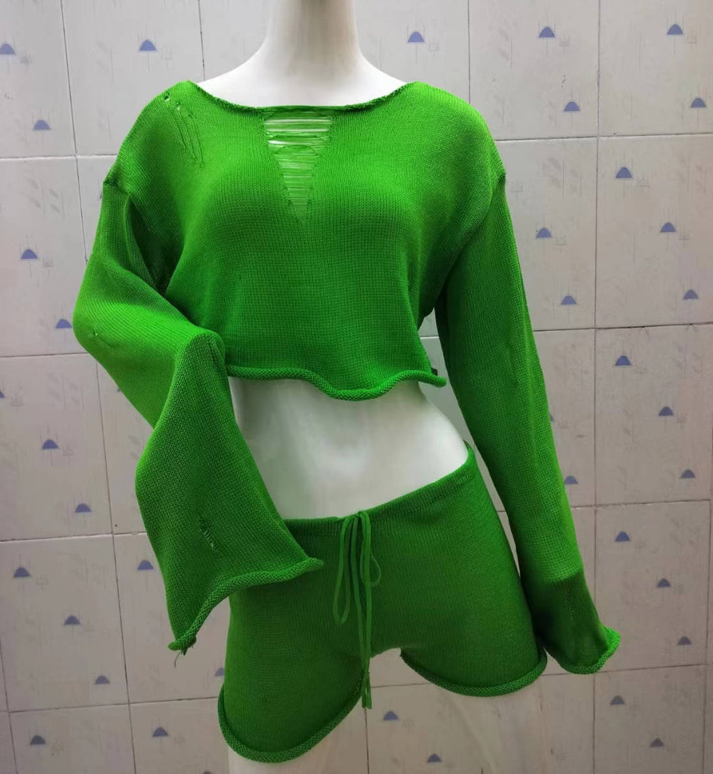 Knitted Two Piece Women Spring Summer Seaside Vacation Sun Protection Short Top Sexy Shorts Suit Bella Mia