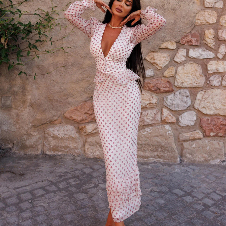 Women Clothing V neck Long Sleeve Waist-Controlled Top Printed Two Piece Skirt Set Bella Mia