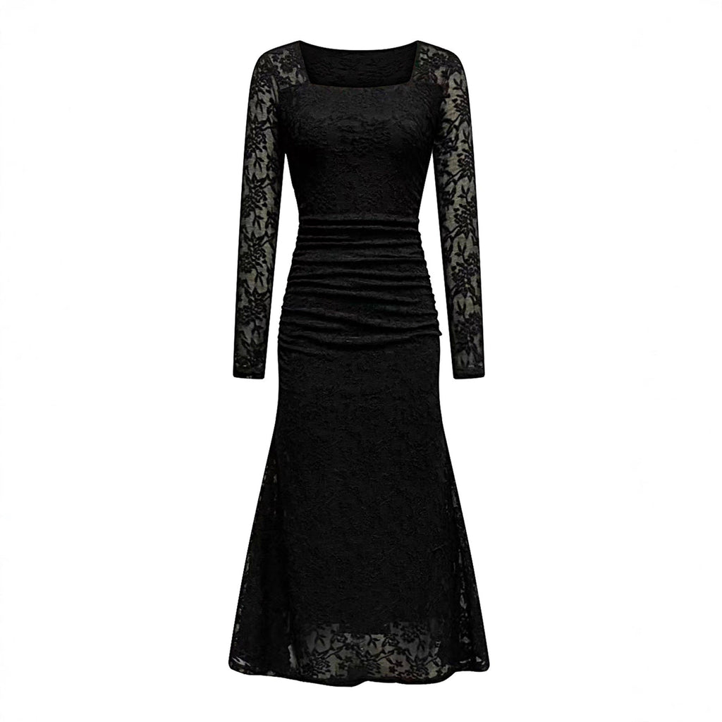 Autumn Winter Women Clothing Fashionable Elegant Lace Stitching Square Collar Slimming Pleated Maxi Dress Bella Mia
