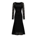Autumn Winter Women Clothing Fashionable Elegant Lace Stitching Square Collar Slimming Pleated Maxi Dress Bella Mia