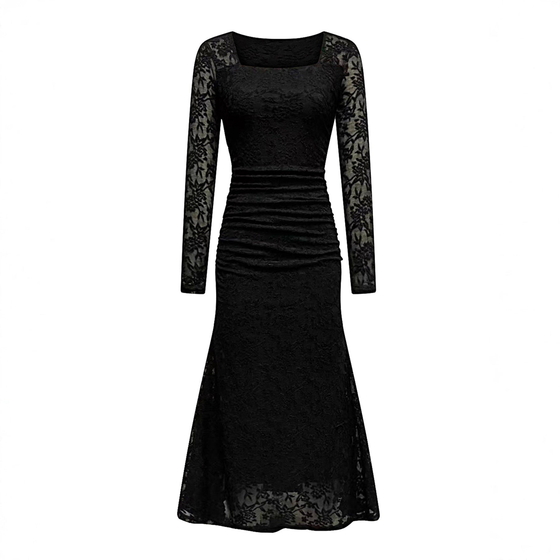 Autumn Winter Women Clothing Fashionable Elegant Lace Stitching Square Collar Slimming Pleated Maxi Dress Bella Mia