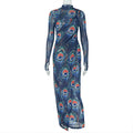 Graceful Personality Women Clothing Printed Sexy Hip Slightly Transparent Turtleneck Long Sleeve Slim Fit Dress Bella Mia