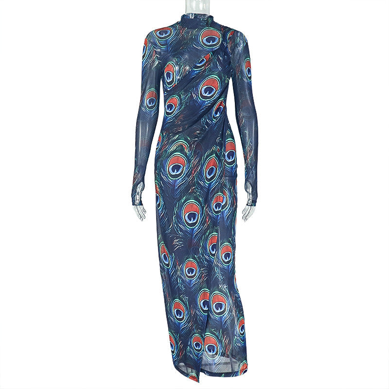 Graceful Personality Women Clothing Printed Sexy Hip Slightly Transparent Turtleneck Long Sleeve Slim Fit Dress Bella Mia