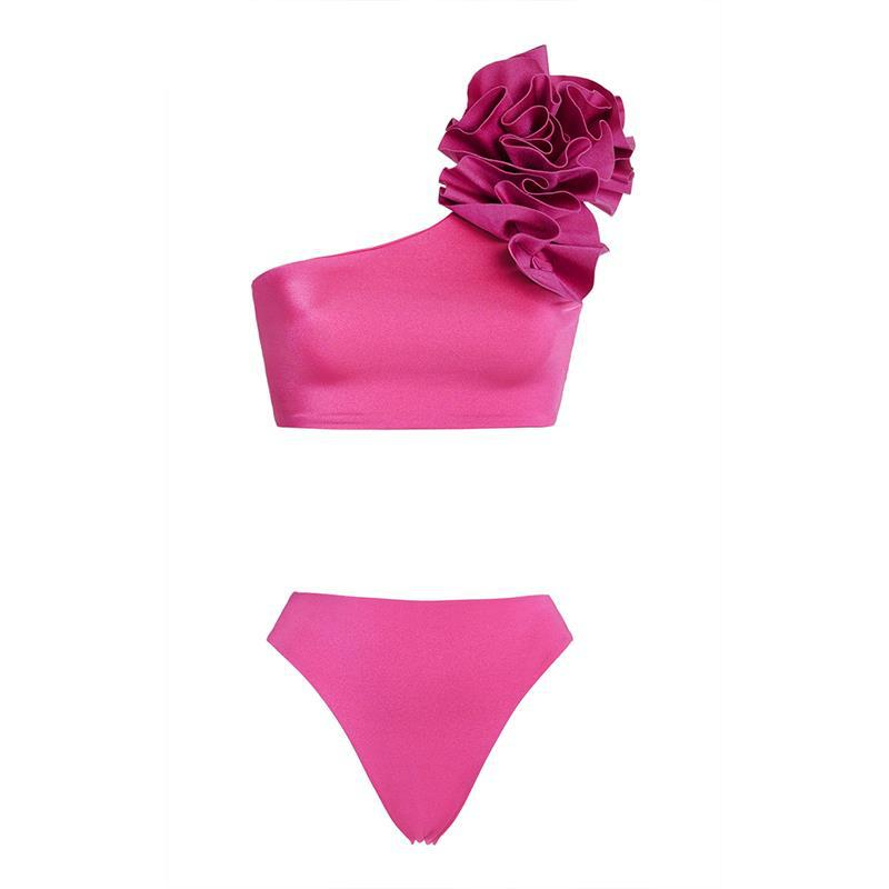 Solid Color Sexy One Shoulder Three Dimensional Floral Design Split Women Bikini Swimsuit