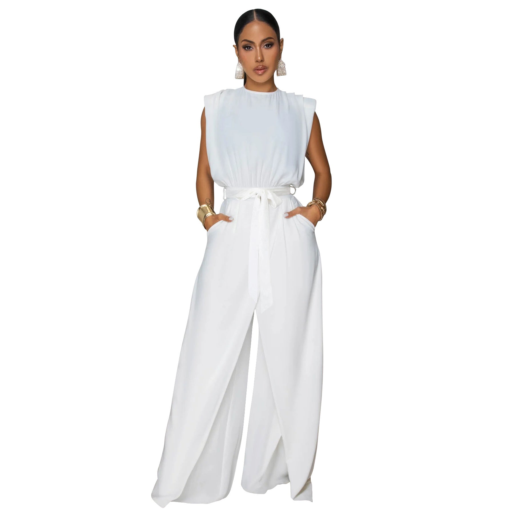 Women Wear Russia Solid Color Sleeveless Fitted Waist Jumpsuit Bella Mia