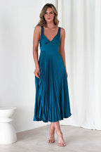 Summer Women Clothing Solid Color Pleated Sexy V neck Strap Dress Bella Mia