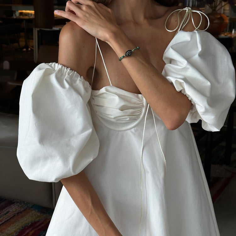 Sexy Low Cut off Neck Bubble Sleeve Tube Top Dress Sexy Backless White Cami Dress Bella Mia