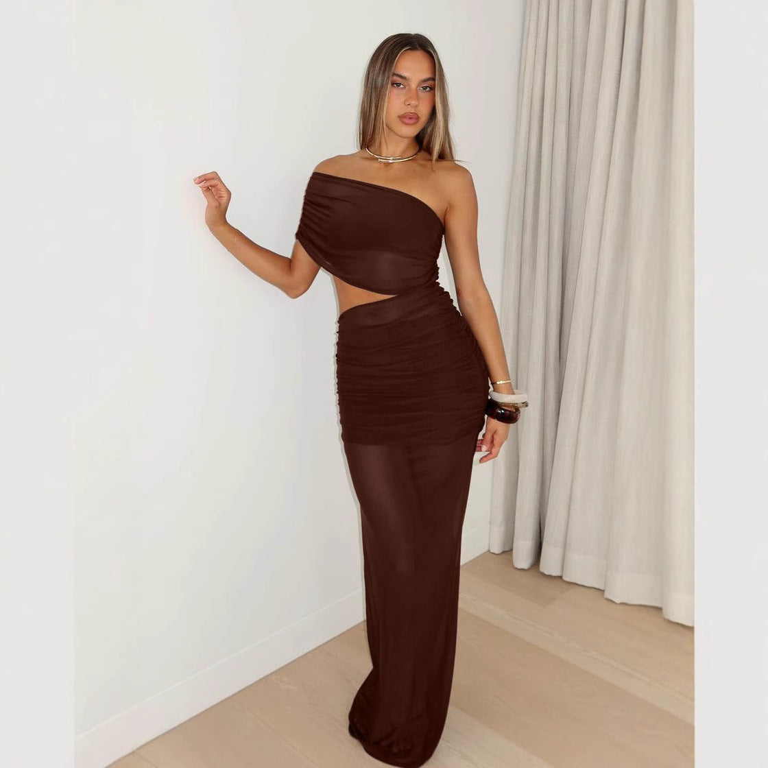 Women Clothing Summer Sexy off Shoulder Gauze Hollow Out Cutout Slim Fit Pleated See through Dress Bella Mia
