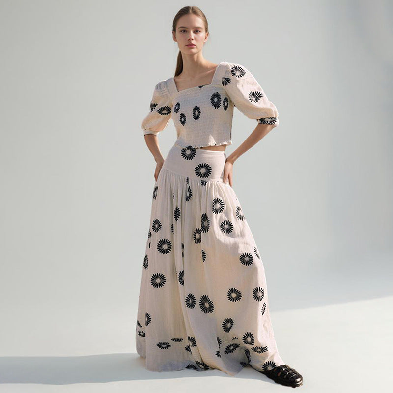 Korean Casual Summer Square Collar Puff Sleeve Peplum Top High Waist Print Skirt Set Bella Mia