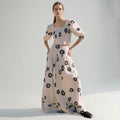 Korean Casual Summer Square Collar Puff Sleeve Peplum Top High Waist Print Skirt Set Bella Mia