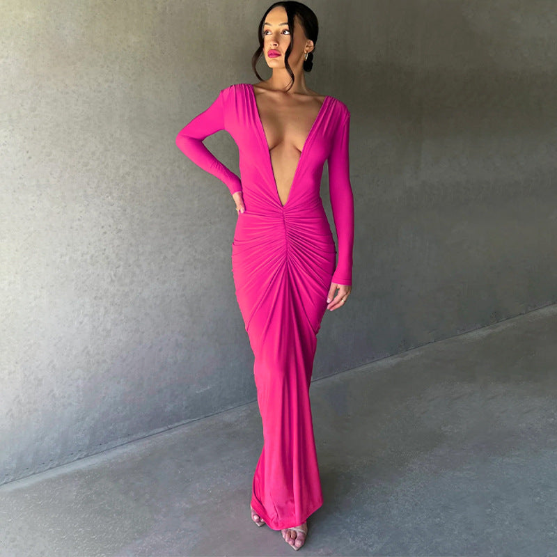 Women Clothing Summer Sexy V neck Slim Pleated Solid Color Long Sleeve Dress Bella Mia