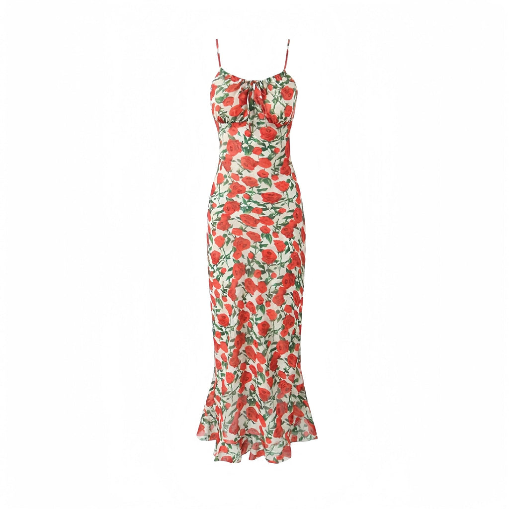 Long Rose Print Dress Sexy Girl Slim Fit Seaside Beach Vacation over the Knee Fishtail Suspender Bella Mia