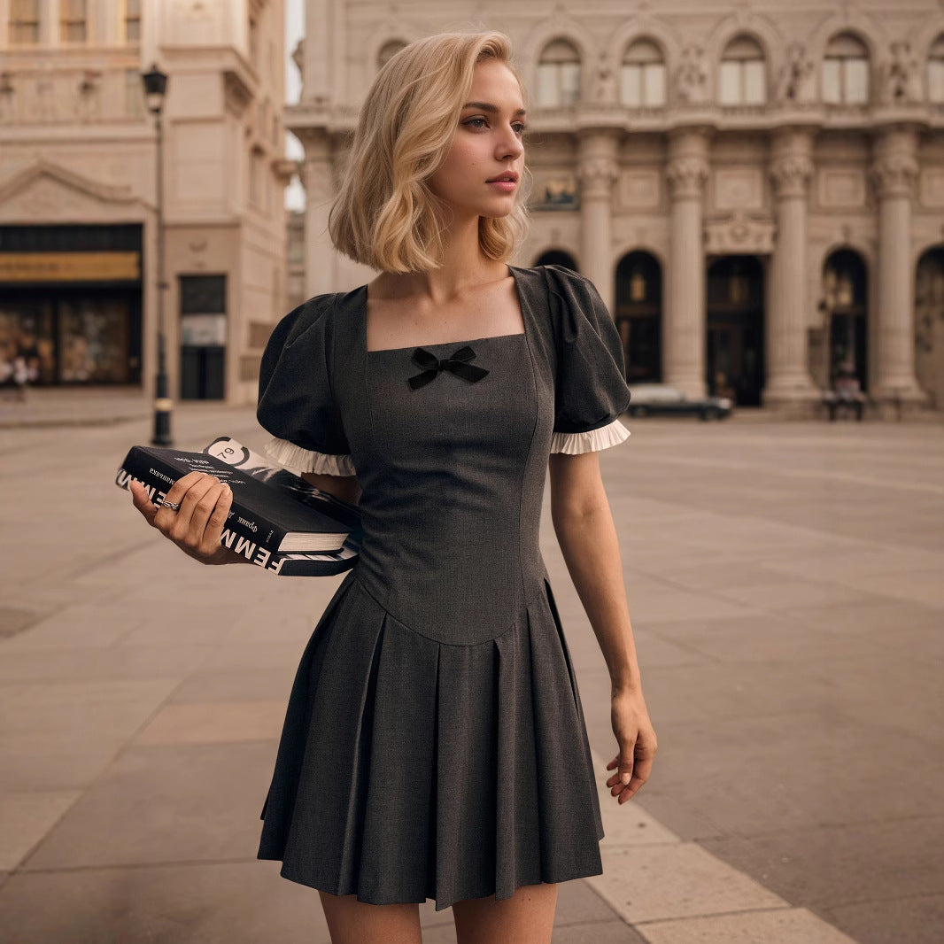 French Summer Elegant Retro College Square Collar Puff Sleeve Black Dress Girl Dress
