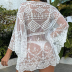Women Beach Sun Proof Top Water Soluble Waist Tight Lace up Sexy Embroidered V Collar Beach Cover Up Bella Mia