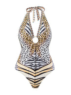 Bikini Leopard Print Lace up Halterneck Cover Belly Backless Gauze Skirt Sunscreen Swimsuit Women Bella Mia
