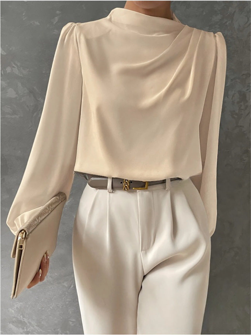 Solid Color Pleated Women Shirt Elegant Pullover Satin Top Office Long Sleeve Top Bella Mia