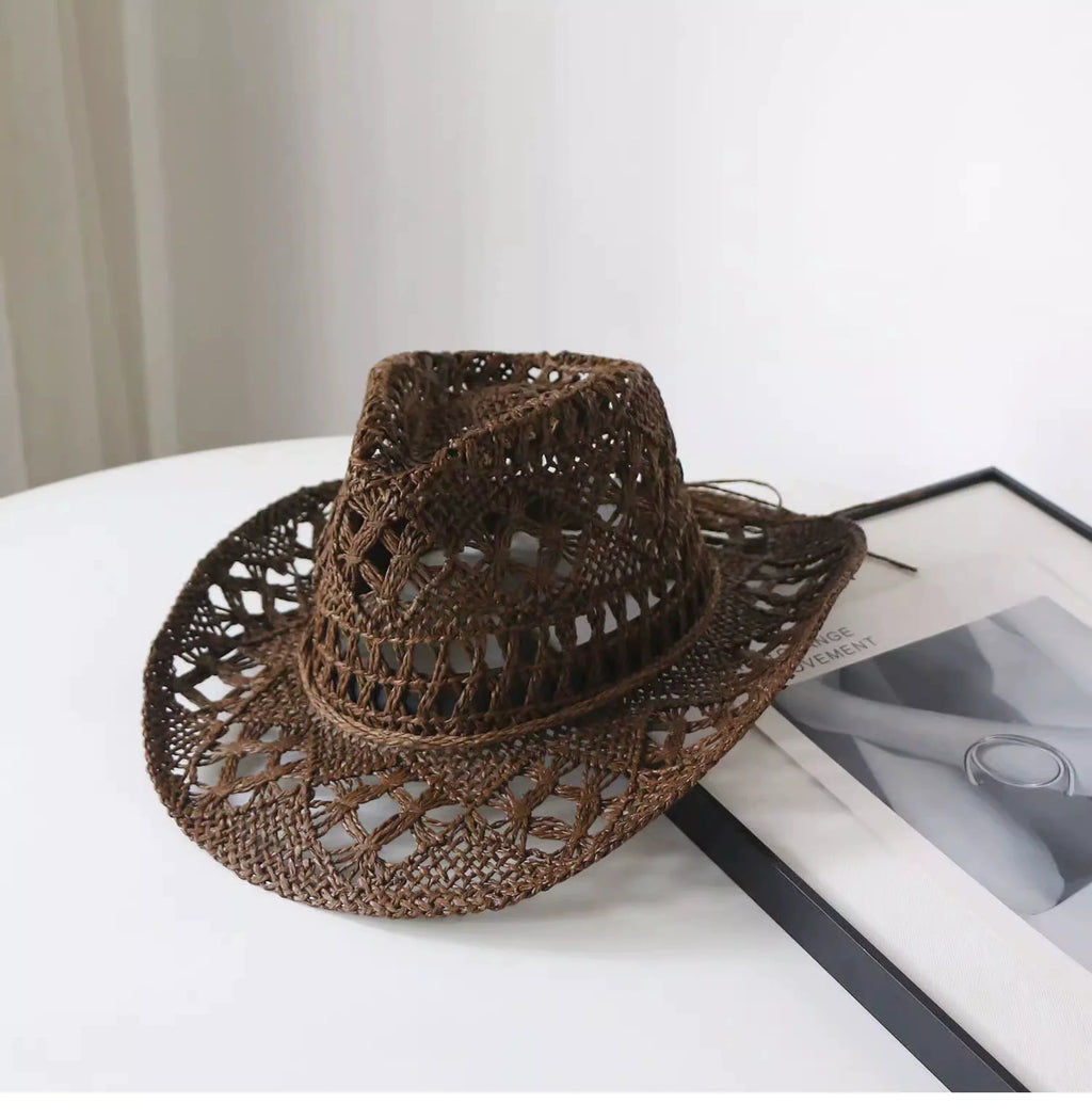 New Arrival Hand-Woven Straw Hat Cut Out Summer Sun Protection for Men and Women Sun Hat Western Cowboy Hat Outdoor All-Matching Hat