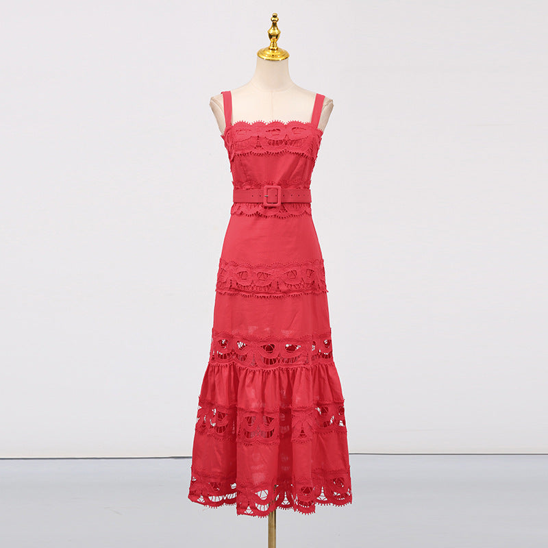 Vacation Maxi Dress Hollowed out Embroidered Strap Fishtail Design Dress Women