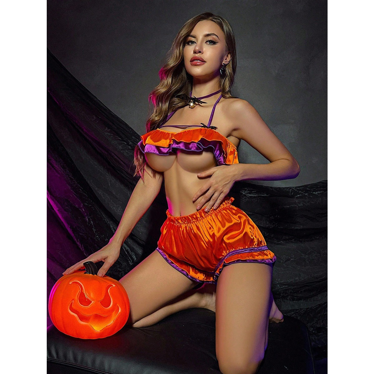 Halloween Contrast Color Sexy Two Piece Ruffled Halter Bra Elastic Shorts Uniform