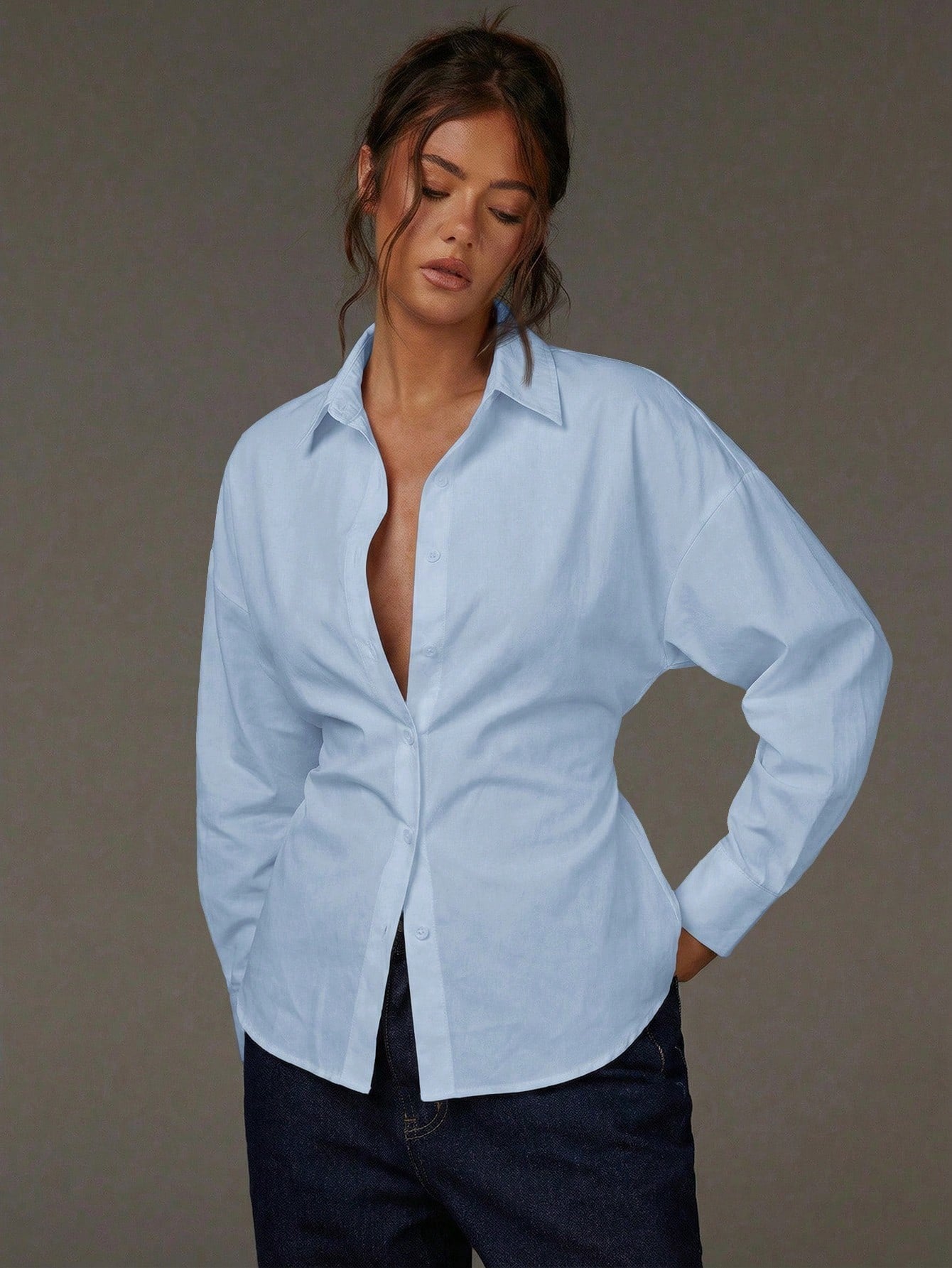 French Fitted Waist Turn down Collar V neck Cardigan off Shoulder Loose Long Sleeve Shirt