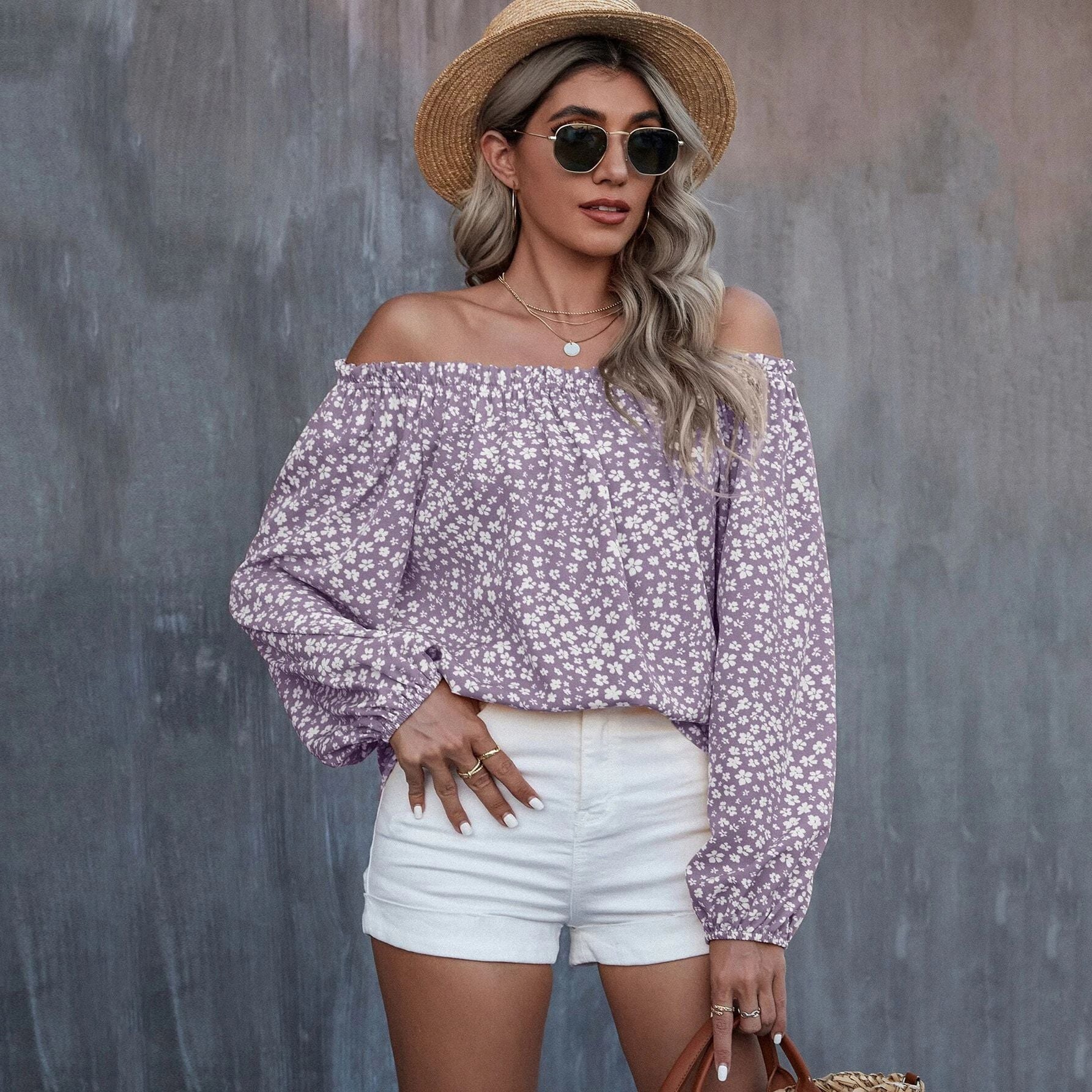 Autumn Winter Women Clothing Sexy off the Shoulder Printed Long Sleeve Loose Top T shirt Bella Mia