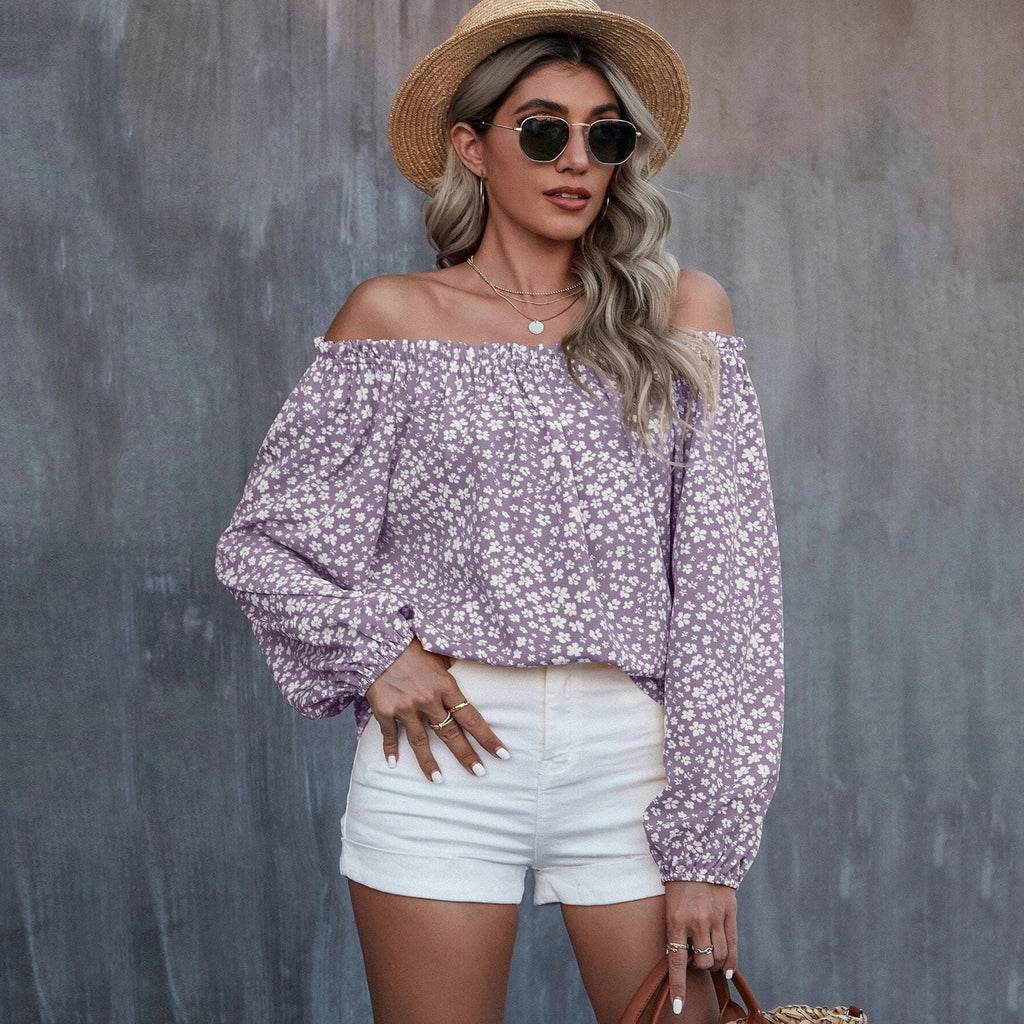 Autumn Winter Women Clothing Sexy off the Shoulder Printed Long Sleeve Loose Top T shirt Bella Mia