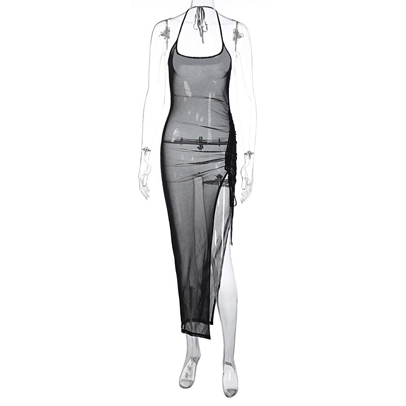 Women Clothing Summer Mesh Sexy See through Slit Slim Fitting Dress Bella Mia