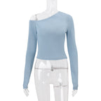Women Clothing Autumn Sexy Solid Color Diagonal Collar Cropped Knitted Long Sleeved T shirt Top Bella Mia