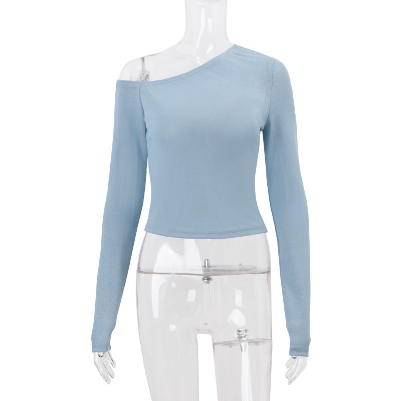 Women Clothing Autumn Sexy Solid Color Diagonal Collar Cropped Knitted Long Sleeved T shirt Top Bella Mia
