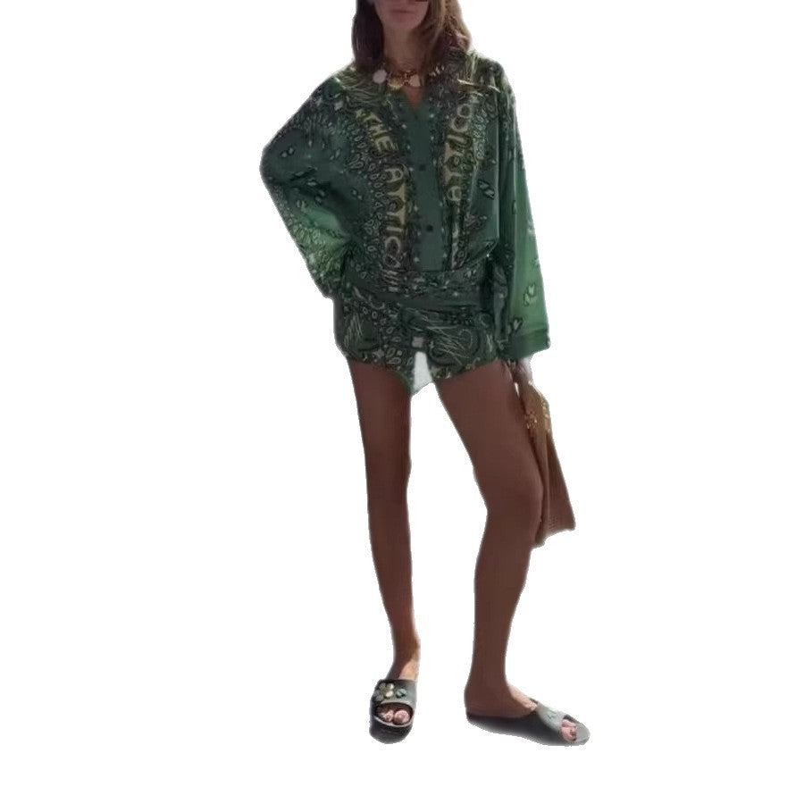 Summer Green Paisley Printed V neck Bell Sleeve Irregular Asymmetric Hem Vacation Dress Women