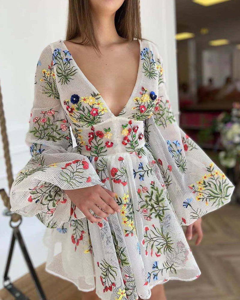 Summer Women Clothing Mesh Embroidered Design Lantern Sleeve Fairy Dress Birthday Party Dress Bella Mia