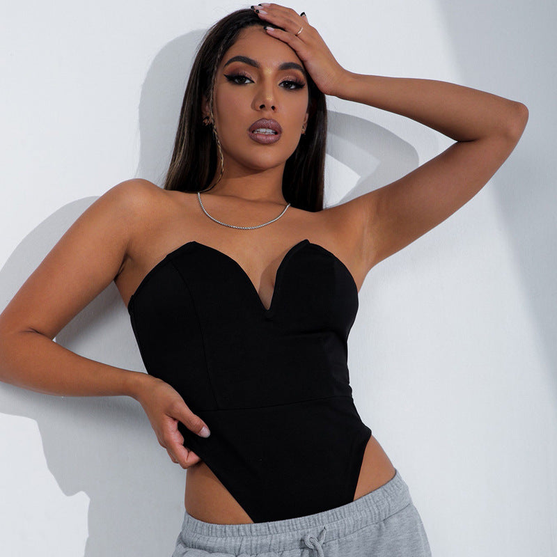 Women Clothing Sexy V Chest Bodysuit Women Tight Bottoming Shirt Slim Fit Figure Flattering Bodysuit Bella Mia