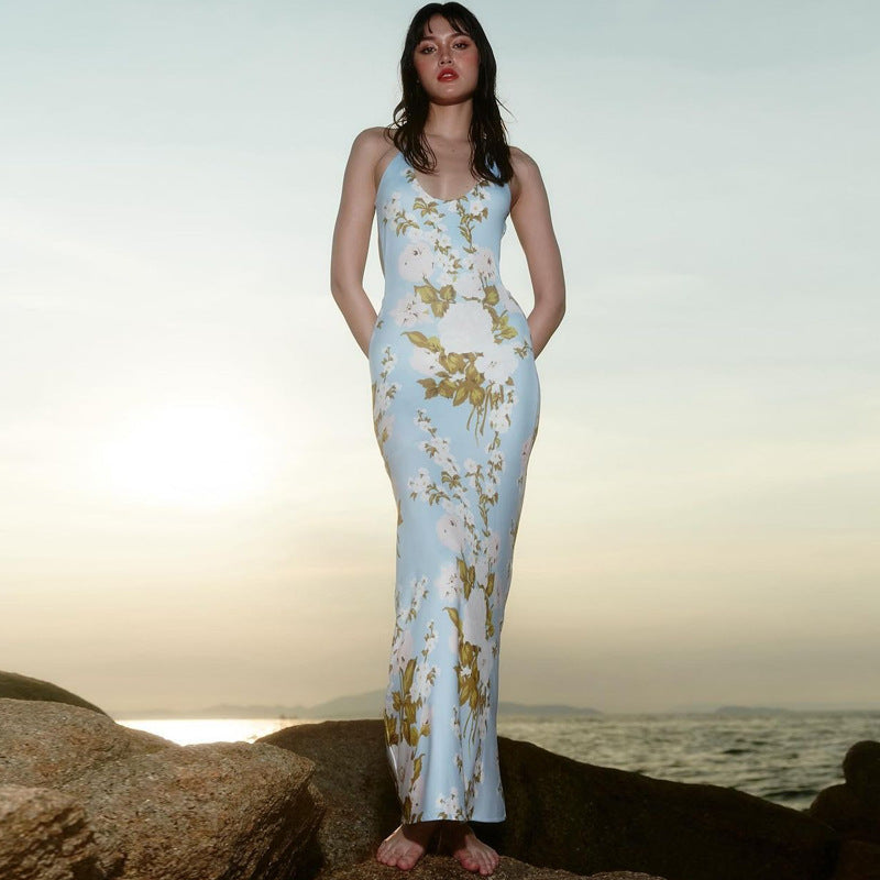Women Clothing Spring Summer Printed Sexy Backless U Neck Slim Strap Dress Bella Mia
