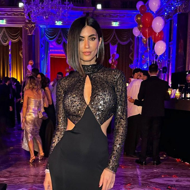 Night Club Women Clothing Sequin Stitching Hollow Out Cutout Backless Sexy Skinny Hip Dress Bella Mia