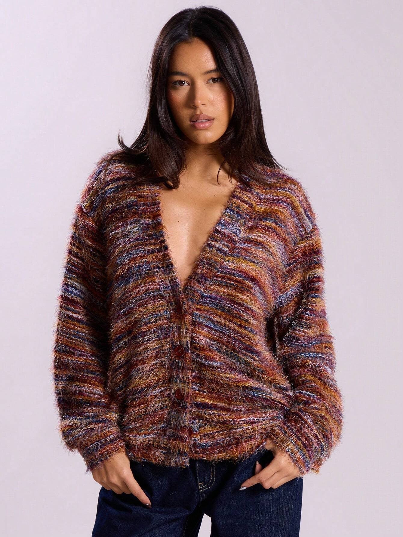 Retro Deep V Plunge neck Design Maillard Plush Long Sleeve Cardigan Bella Mia