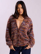 Retro Deep V Plunge neck Design Maillard Plush Long Sleeve Cardigan Bella Mia