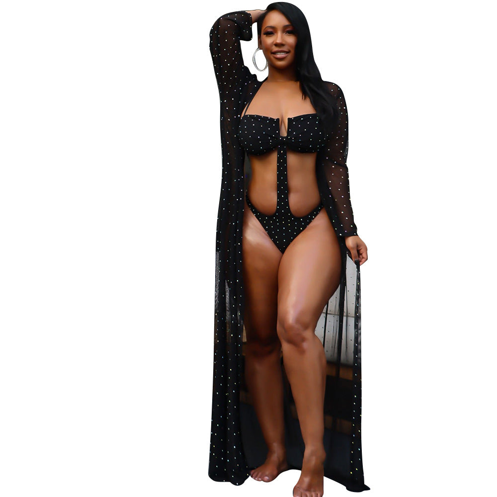 Summer Women Sexy Mesh Perspective Rhinestone Long Sleeve Swimsuit Cloak Bella Mia
