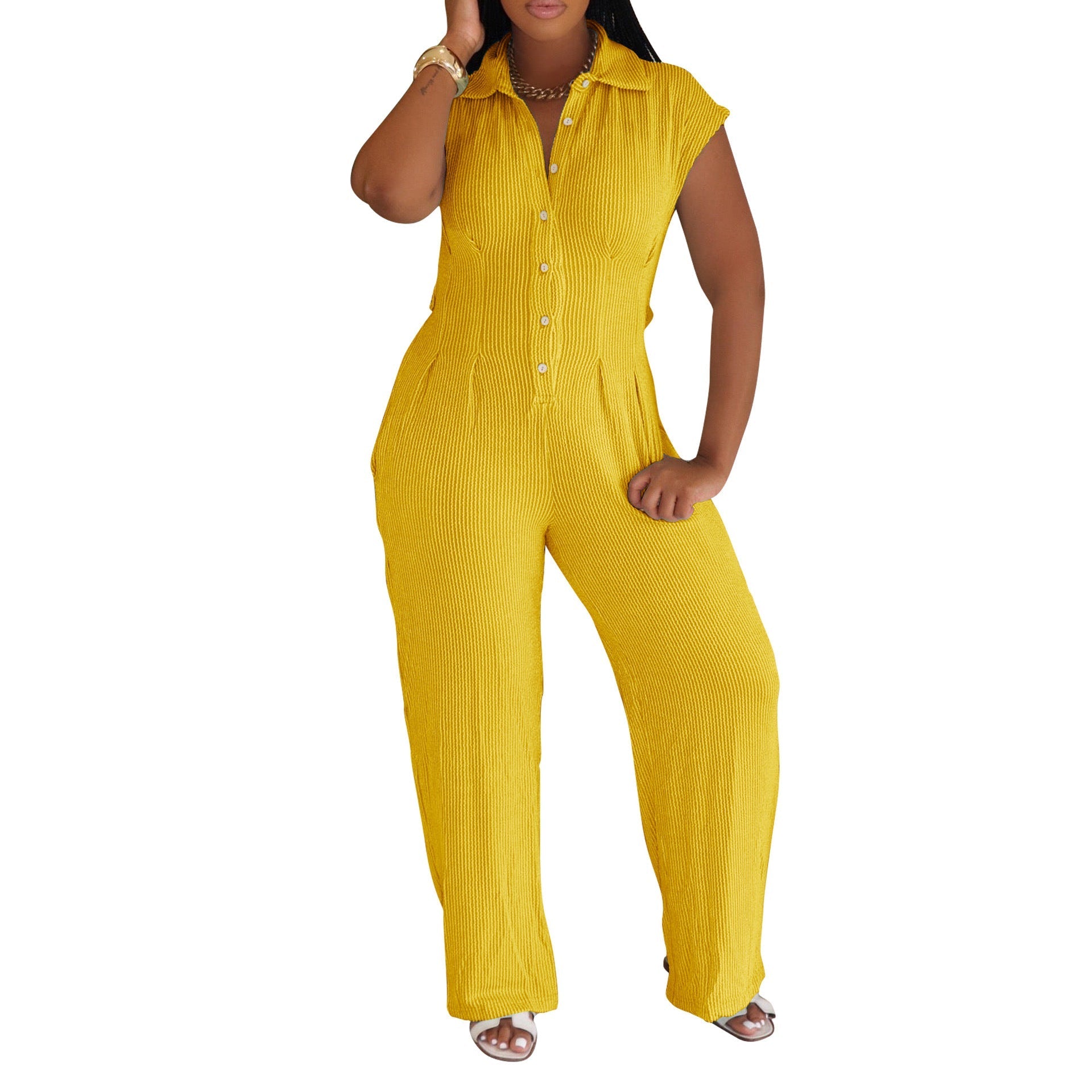 Women Clothing Jumpsuit Striped Collared Slim Shirt Collar Straight Leg Pants Sleeveless Summer Bella Mia